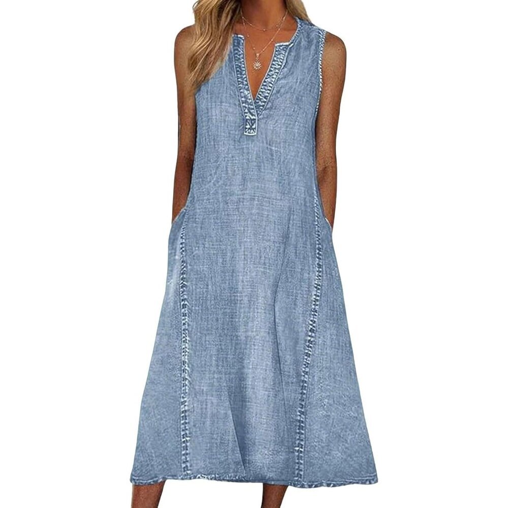Women Sleeveless Denim Midi Dress A Line Summer Cotton V Neck Pockets